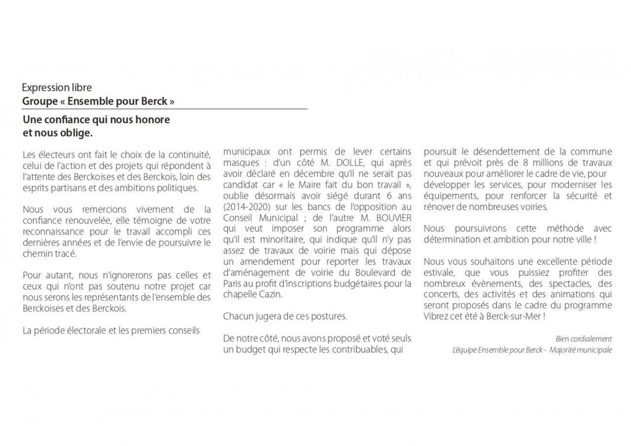 Tribune MAG juin 2026 - Ensemble pour Berck